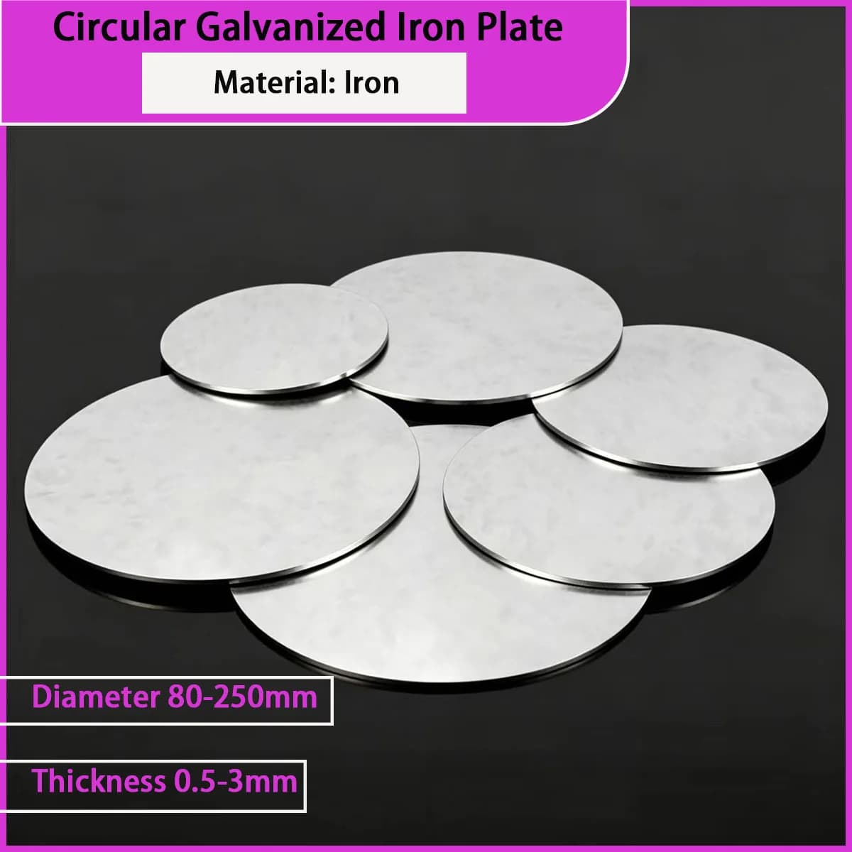 Circular galvanized iron plate with a diameter of80-250mm is used for equipment bases, chassis accessories,protective covers,etc