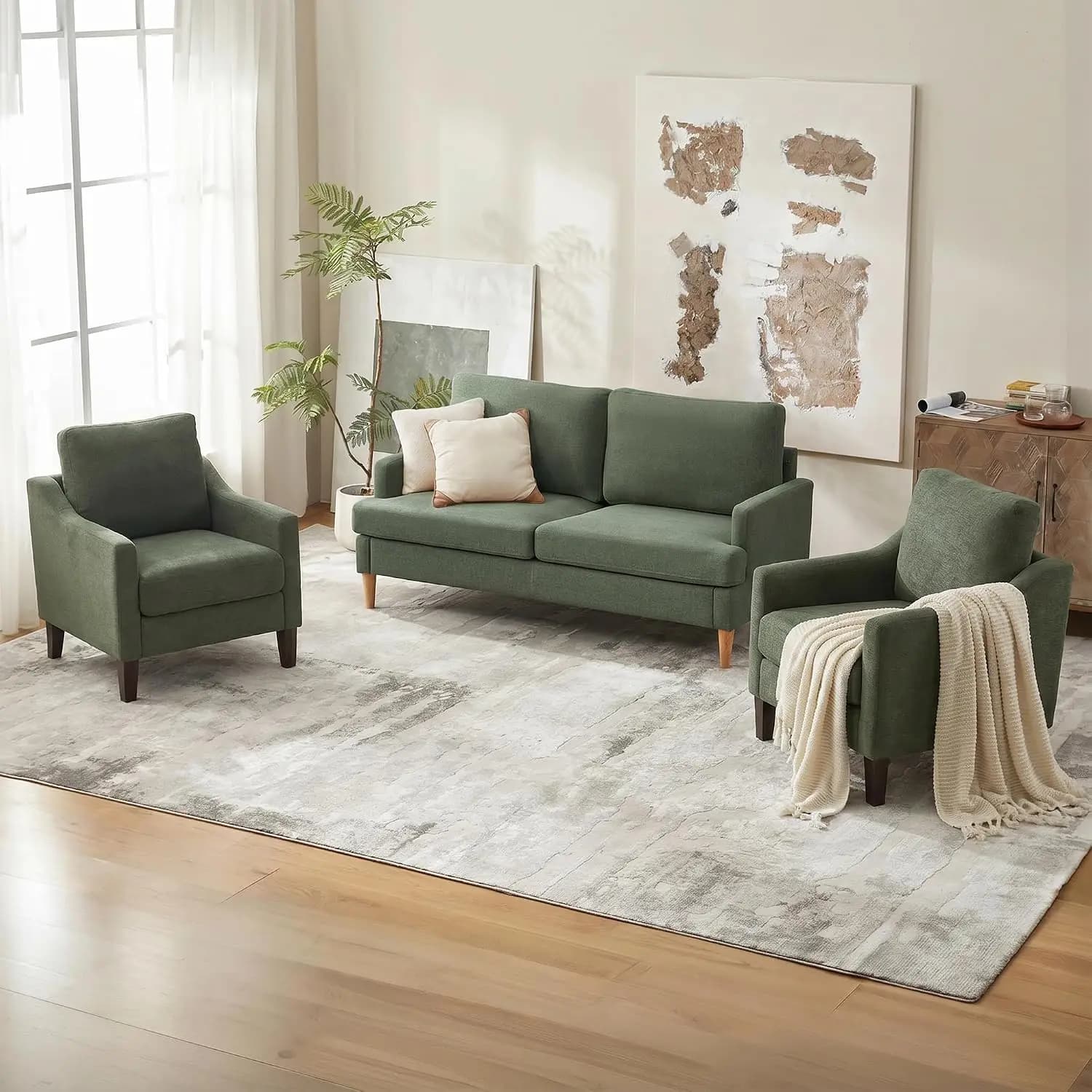Accent Chairs Set of 2, Modern Upholstered Armchairs, Green
