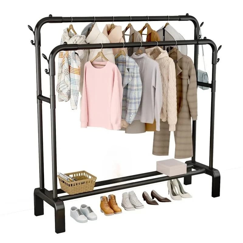 Wardrobe Closet Shelves Double Pole Closet Storage Organization Metal Clothes Hanger Stand and Shoe Rackspromote sales