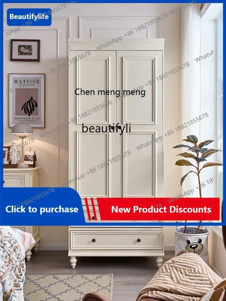C85 American-Style Solid Wood Modern Simple Home Bedroom Clothes Cabinet Economical White Storage Organizer Wardrobe