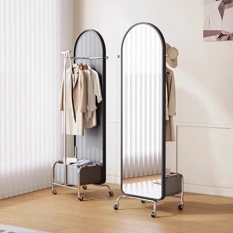 Rotatable and mobile vertical full-length mirror, multifunctional coat rack with wheels, light luxury