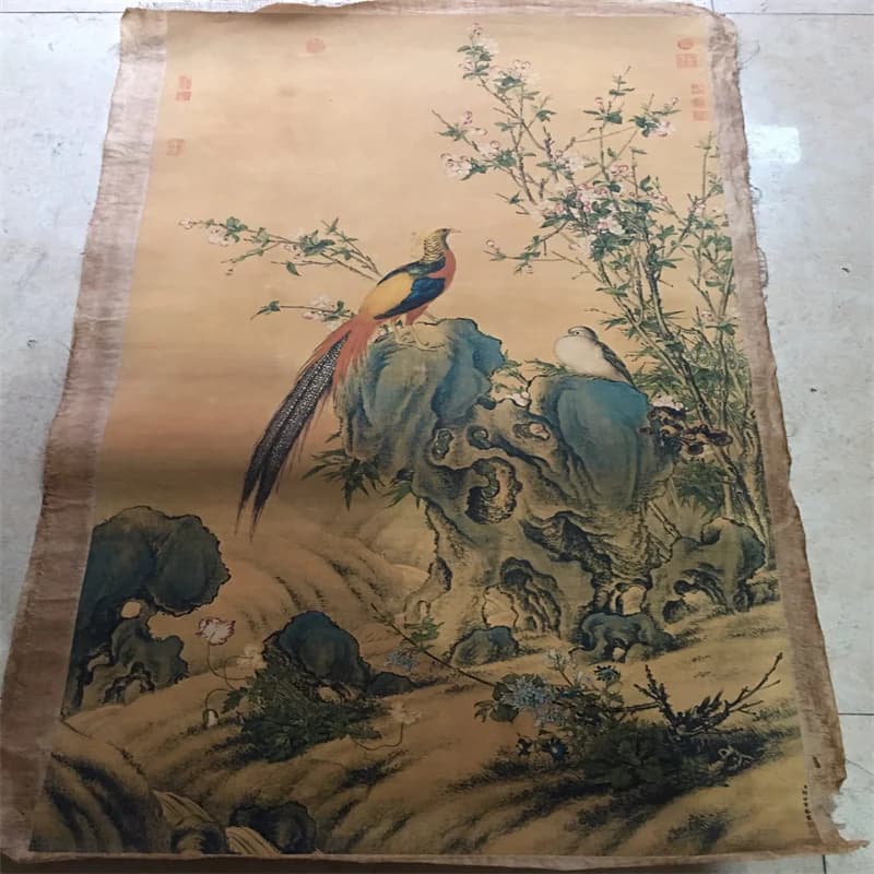 China Old Scroll Painter's Rice Paper Wall Art Slice Lang Shining's Golden Rooster Picture Traditional Asian Decor