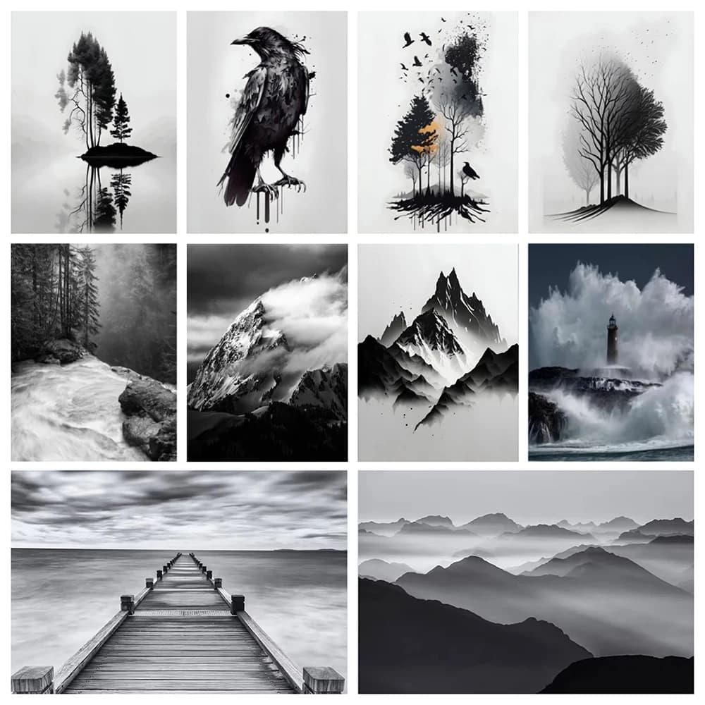 Minimalist Black and White Landscape Canvas Painting Mountain Lake Scenery Tree Crow Poster Print Canvas Painting Wall Art Decor