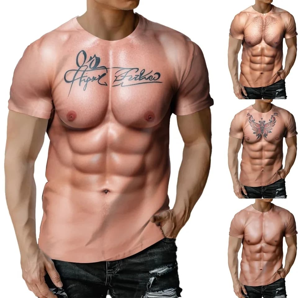 Y2K Summer Short Sleeved Fun Muscle 3D Printed T-Shirt For Men Funny Graphic Tee Shirts Casual Tops Fashion Men's Clothing