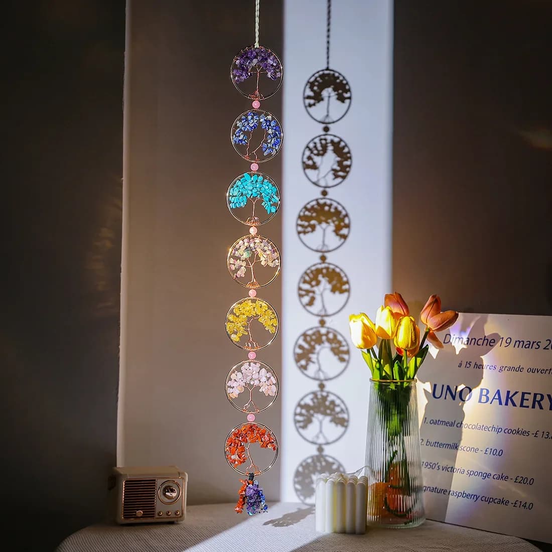 7 Rings Chakra Stone Life Tree Crystal Dream catcher Wall Hanging Decor Room Indoor Window Car Hanging Garden Decoration Gift