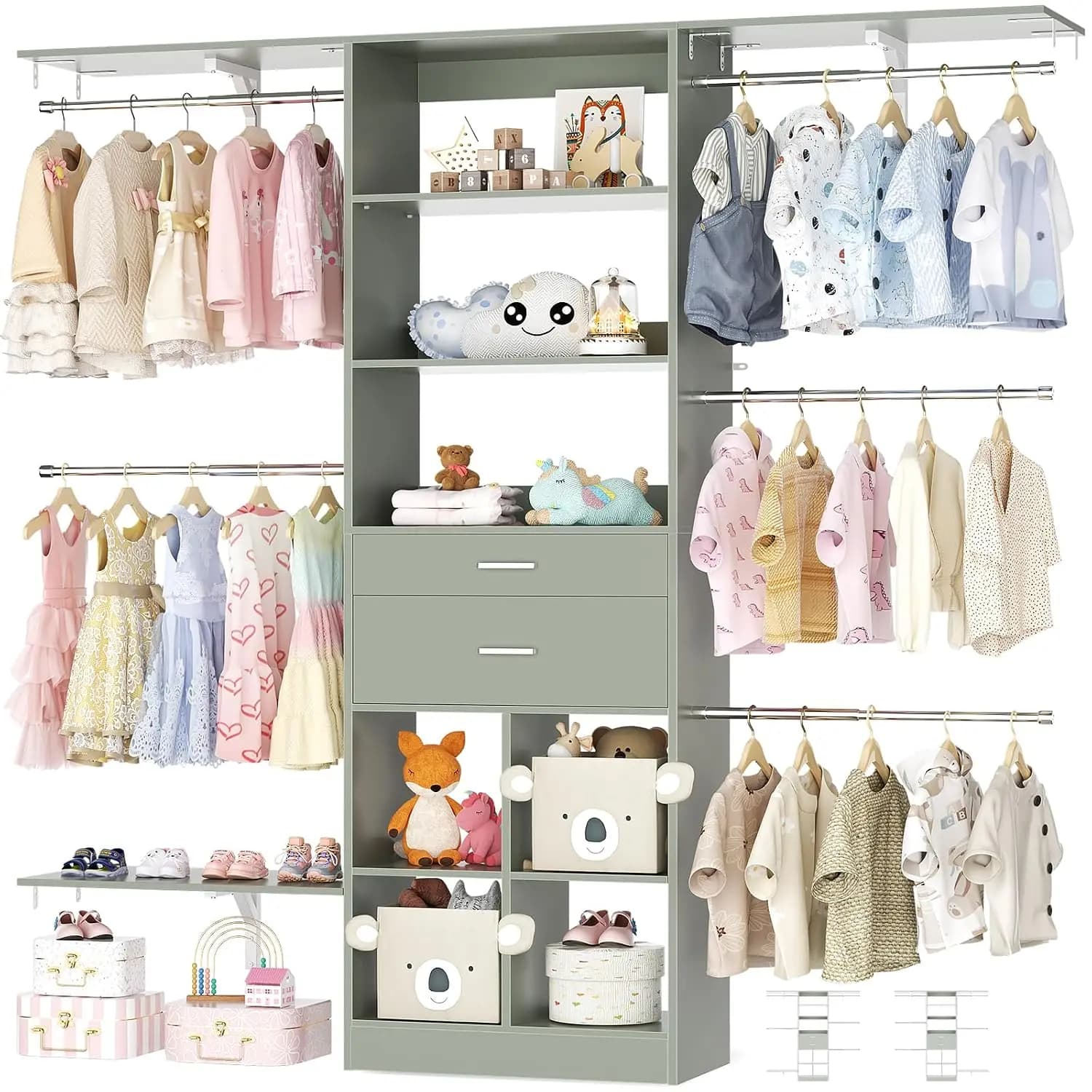 5FT Small Closet System, Baby Closet Organizer System with Wooden Drawers, 60 Inches Walk in Closet System with 5 Hanging Rods