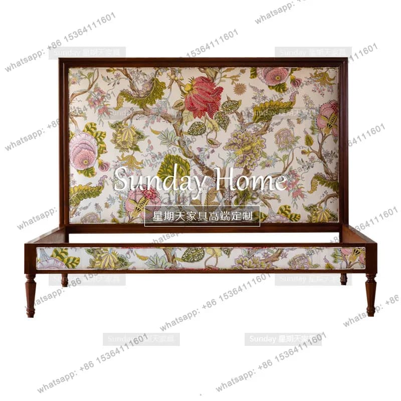 French printed light luxury princess bed rectangular printed backrest double fabric solid wood bed