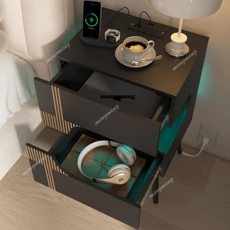 Black Nightstand with Charging Station and LED Lights Modern Bedside Table with 2 Storage Drawer Solid Wood Legs White Black