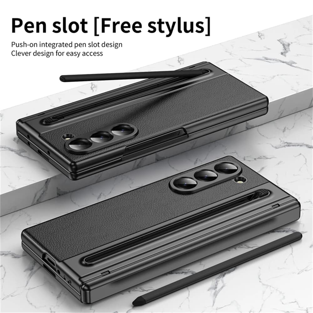 For Samsung Galaxy Z Fold 7 6 5 4 3 Leather Hinge Phone Case Outer Screen Glass S Pen Slot Protective Cover for Galaxy Z Fold 7