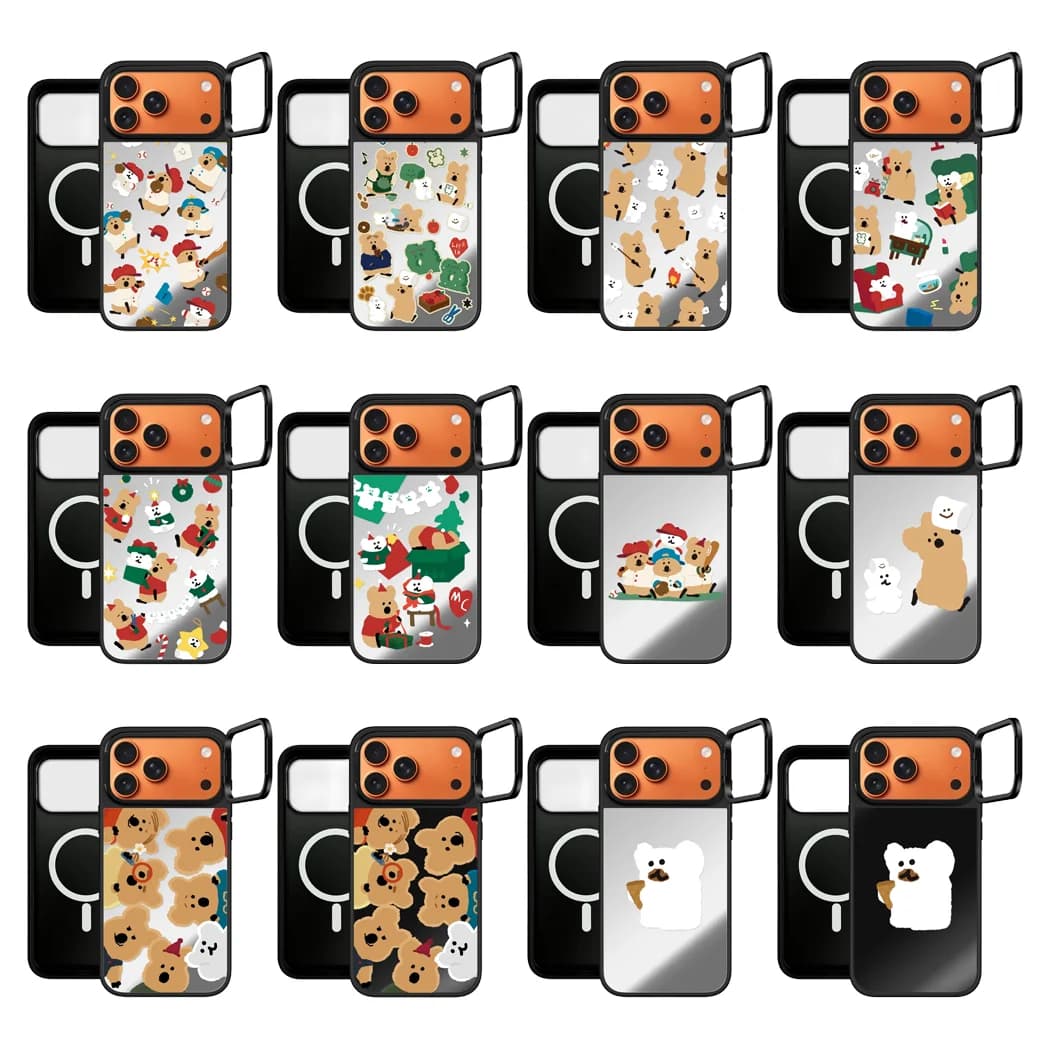 Cartoon Bear Baseball Pattern Camera Stand Mirror Surface Phone Cover for IPhone 14 15 16 17 Pro Max Case for IPhone 17Pro