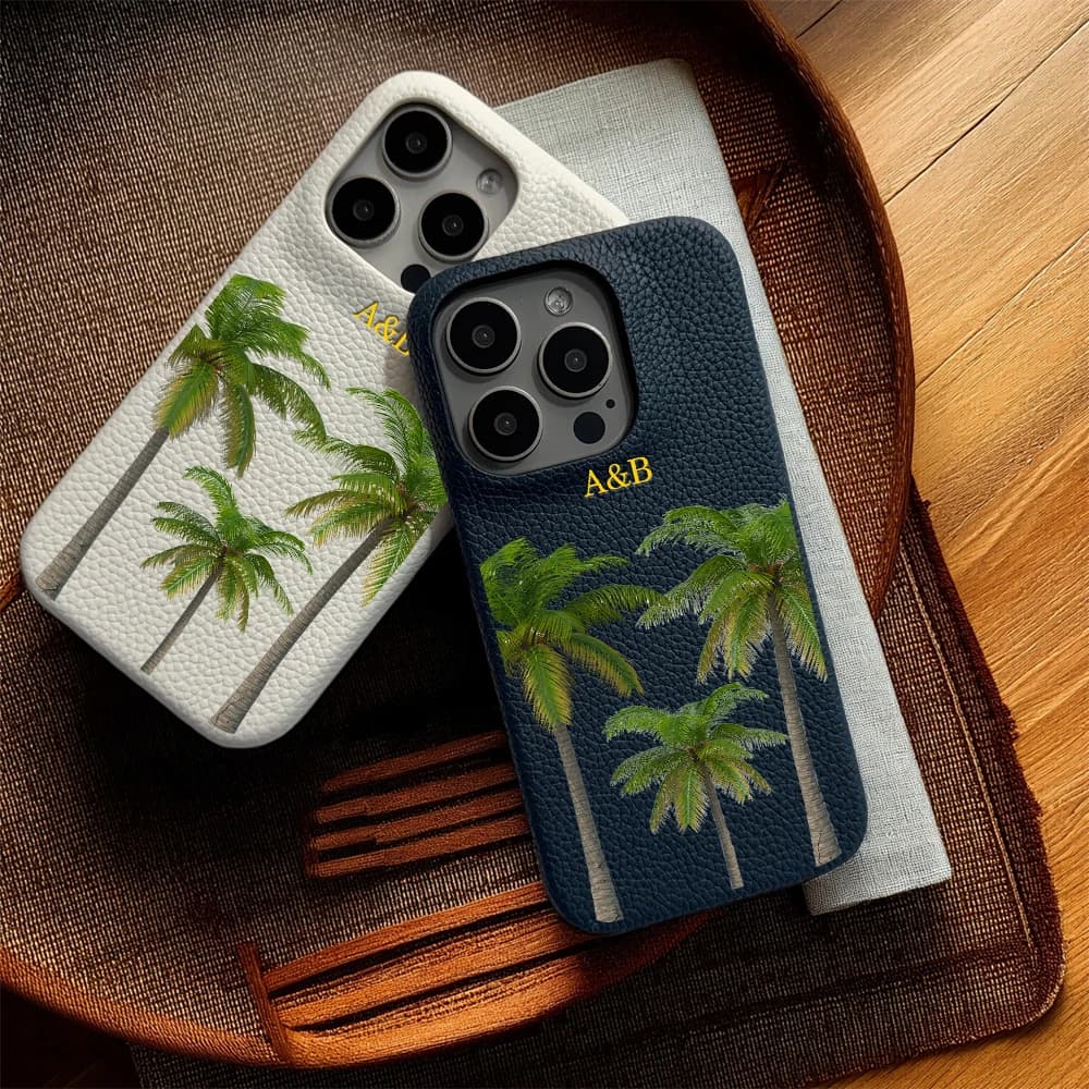 Custom letter leather phone case for iphone 16 15 14 plus 13 12 11 pro max cover Luxury Palm tree funda DIY nanme cases carcas