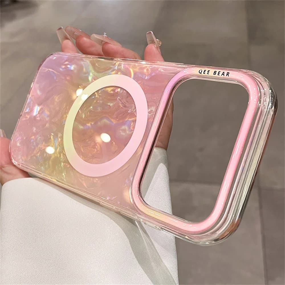 Luxury Fantasy Glitter Shell Rainbow Magnetic Case for iPhone 15 16 17 18 Pro Max Wireless Charging Glossy Candy Color Cover