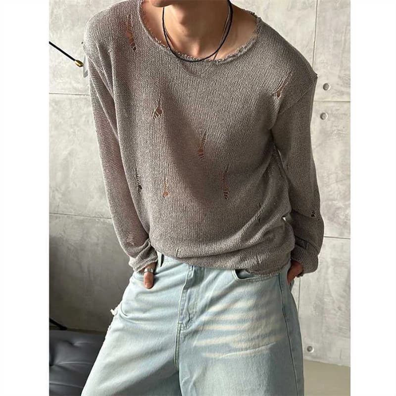Fall Ripped Hole Men O Neck Long Sleeve Knitted T Shirt Laid-back Korean Fashion Loose Casual All-match Punk Clothing Black Grey
