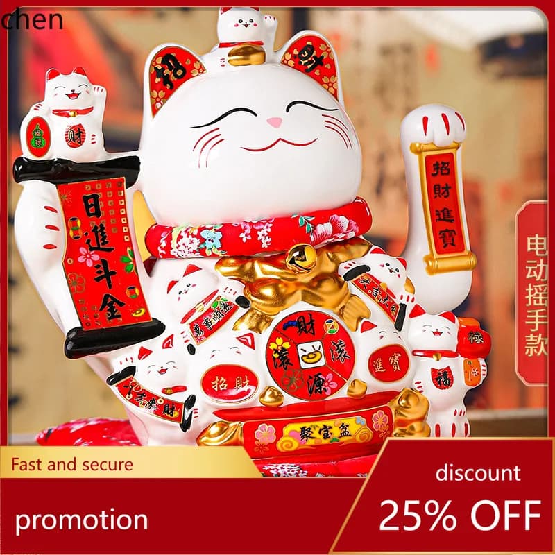 HT Ceramic Lucky Cat Figurine for Housewarming and Grand Opening, Large Cash Register Desk Home Gift, Automatic Waving