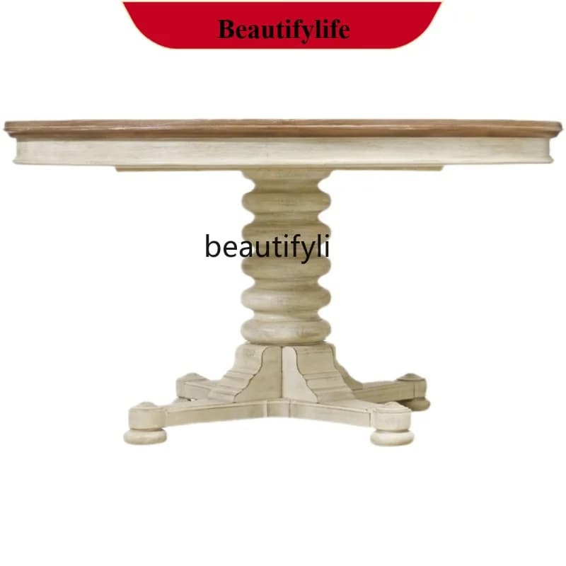 z183 French solid wood retro dining table household retractable American round dining table old oak
