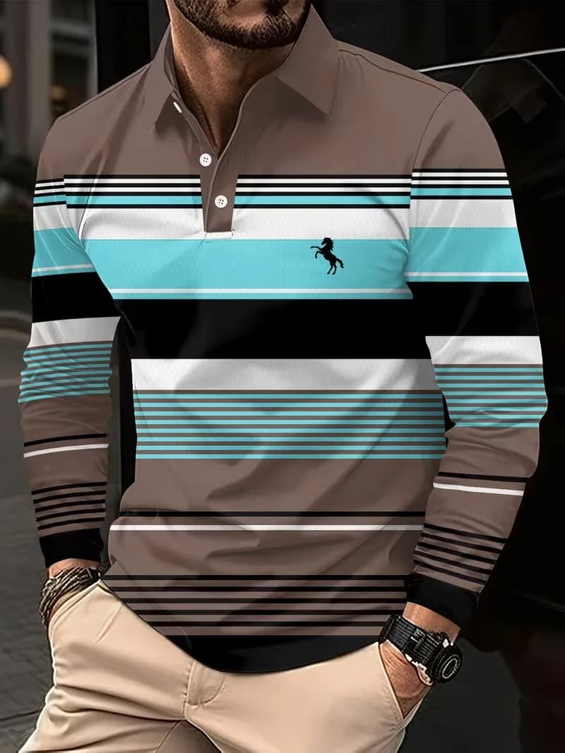 Autumn Winter Polo Horizontal Striped Graphic Men's Long-Sleeved Shirt Polo Sports Outdoor Golf Polo Shirt Casual Men's Clothing