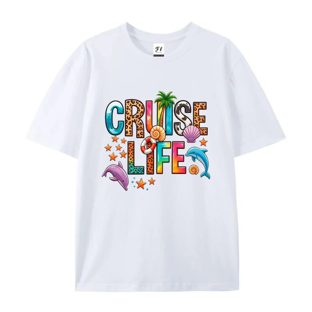 Unisex Short Sleeve T Shirt Cruise Life Leopard Rainbow Letter Dolphin Seashell Graphic Tee Summer Cruise Vacation Casual Tops