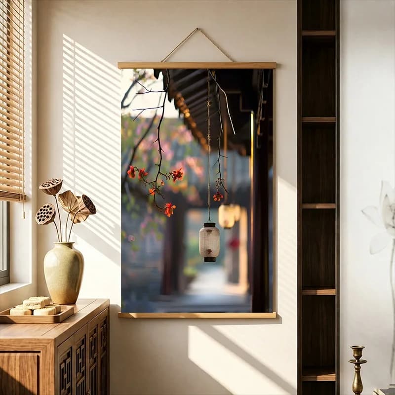 Wall Art Rainy Courtyards and Hanging Lantern Shadows, Oriental Atmospheric Pearlescent Canvas Hanging Scroll for Japanese Inn