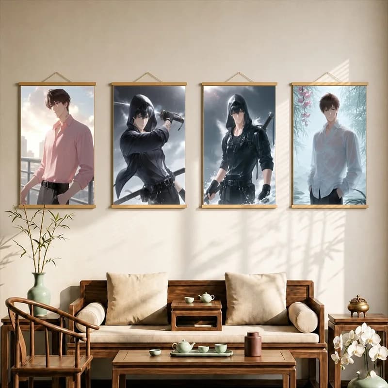 Wall Decorations Mysterious Ancient Mountain Gate, Dark Fantasy Pearlescent Canvas Hanging Scroll with Wooden Rods for Game Room