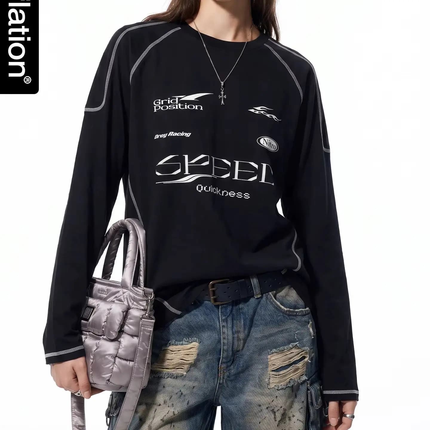 Reflective Street Racing Print Color‑block Long‑sleeve Top Autumn Latest Goods American Sporty Relaxed Concert Tee Unisex