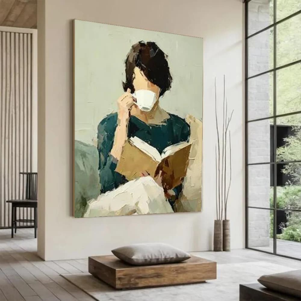 100% Handmade Abstract Figure Oil Painting on Canvas - 'A Girl Who Reads' Wall Art Picture Decor Home Living Room Mural Artwork