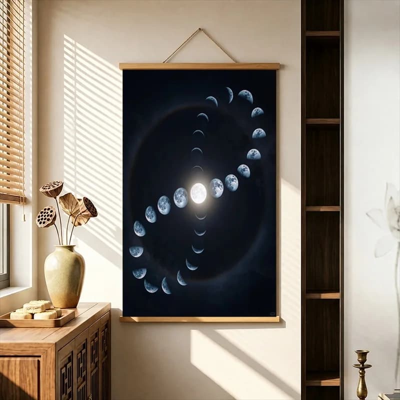 Wall Decorations Moon Phases and Celestial Spiral Patterns, Pearlescent Canvas Hanging Scroll for Meditation Dome Interior Decor