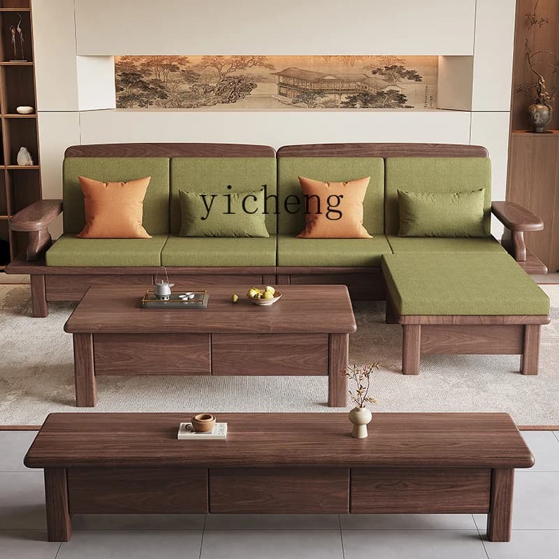 Sa-27 Walnut Wood Sofa with Drawers and Storage, Dual-use for Small Living Rooms, Corner Solid Wood Sofa