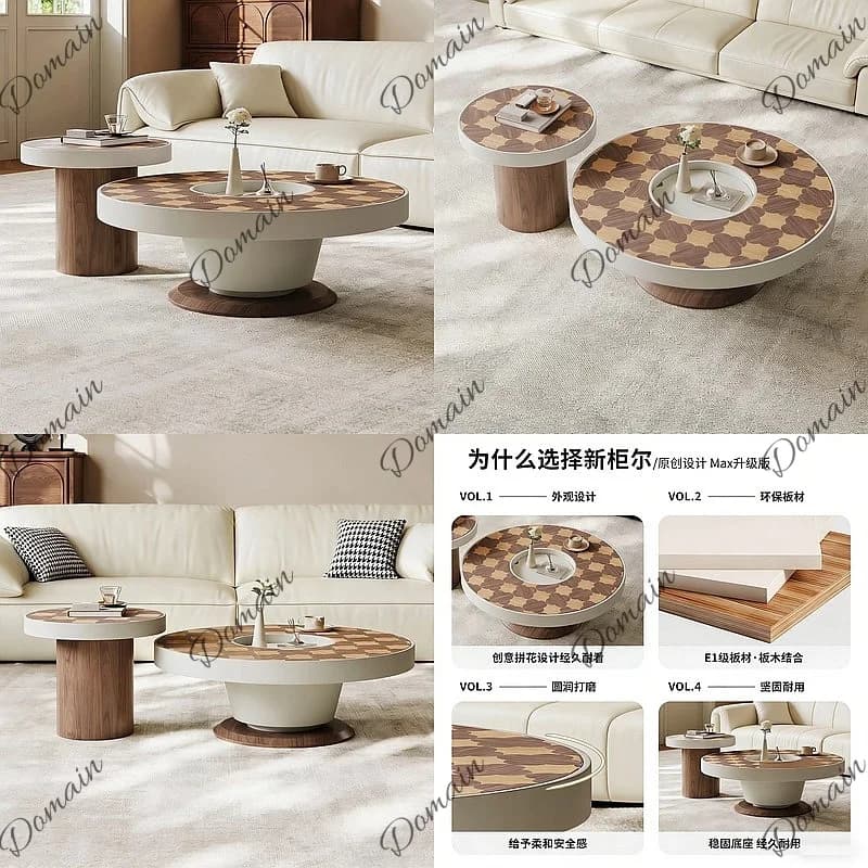 Mid-Century Modern Round Coffee Table Set Solid Wood Minimalist Retro Design Side Table Living Room