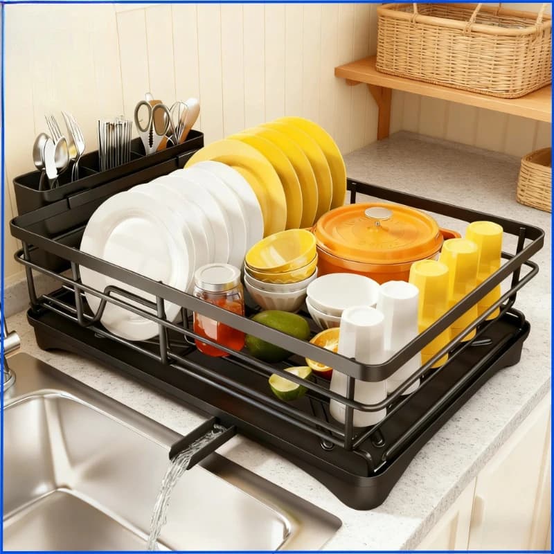 Spacious Kitchen Dish Rack with Drainboard - Rust-Resistant Countertop Drainer with Utensil Holder for Efficient Drying