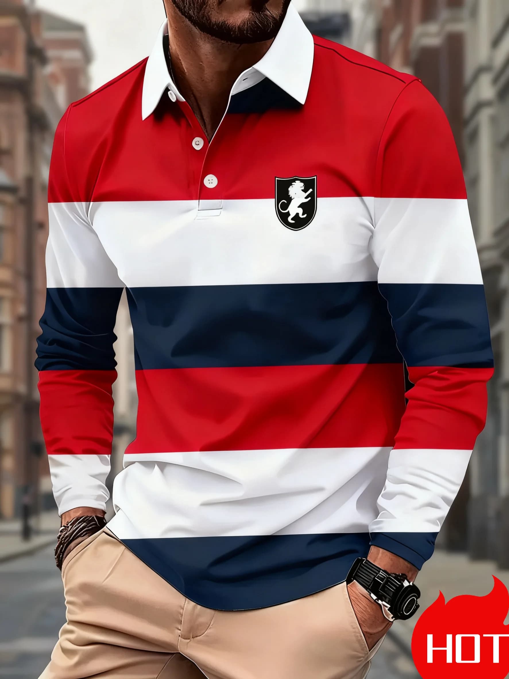 Spring And Autumn Men's Striped Rugby Polo Long Sleeve Collar Shirt Fashion Casual Daily Outdoor Sports extra large Men Clothing