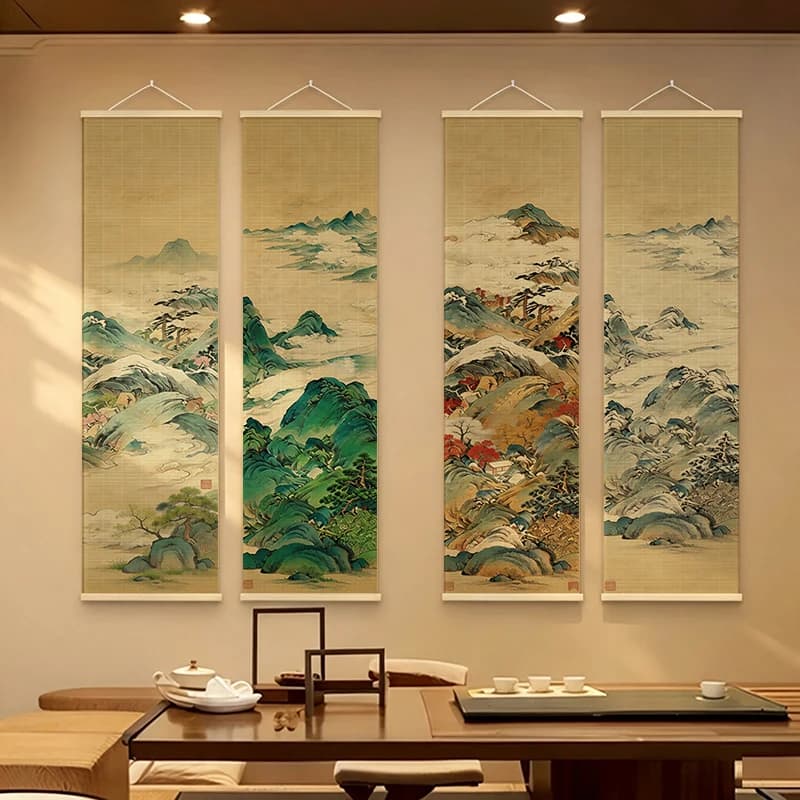 Wall Art Four Seasons Bamboo Scroll Painting Wabi Sabi Japandi Zen Minimalism Canvas for Tatami Room Tea House Meditation