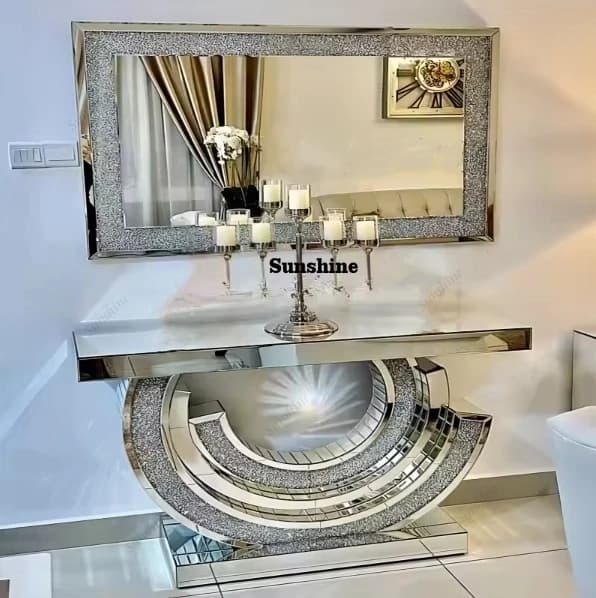 Wholesale Console Table Crushed Crystal Diamond Console Table Set with Mirror Modern Hotel Furniture Picture 1 Set