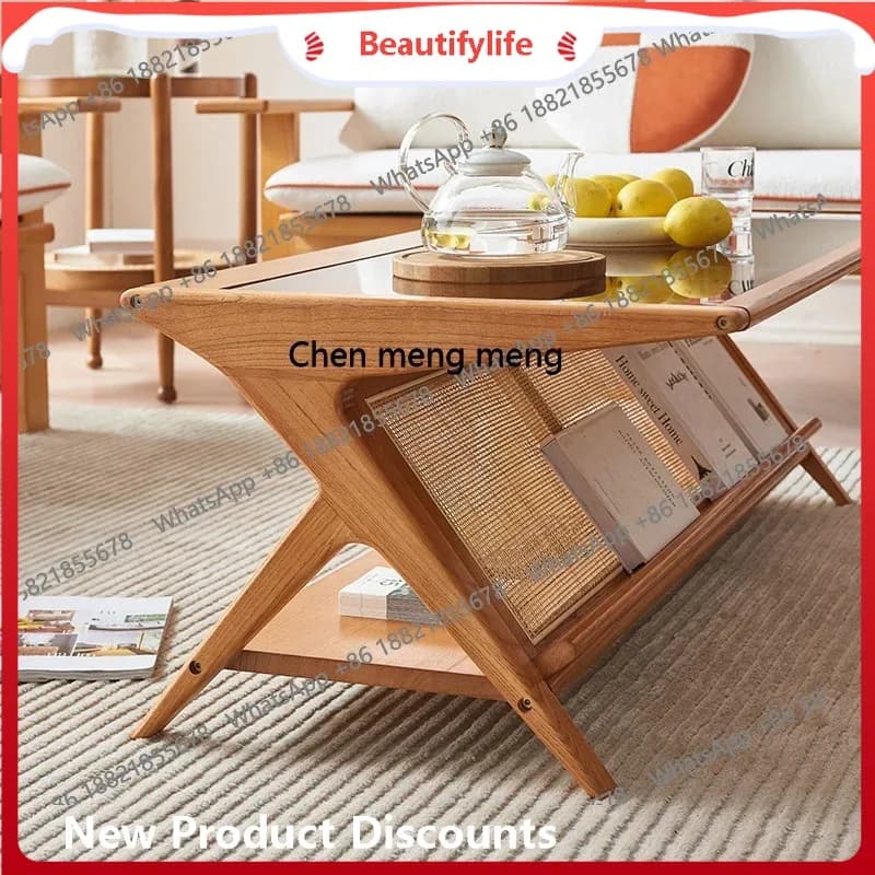 Japanese rattan coffee table rectangular household living room simple, solid wood with storage, tea table  H
