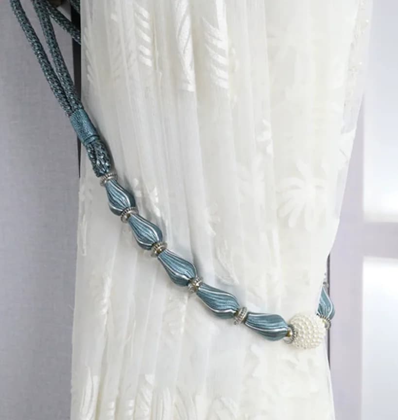 2 artificial pearl curtain straps, simple pearls paired with hand woven rope curtain fasteners