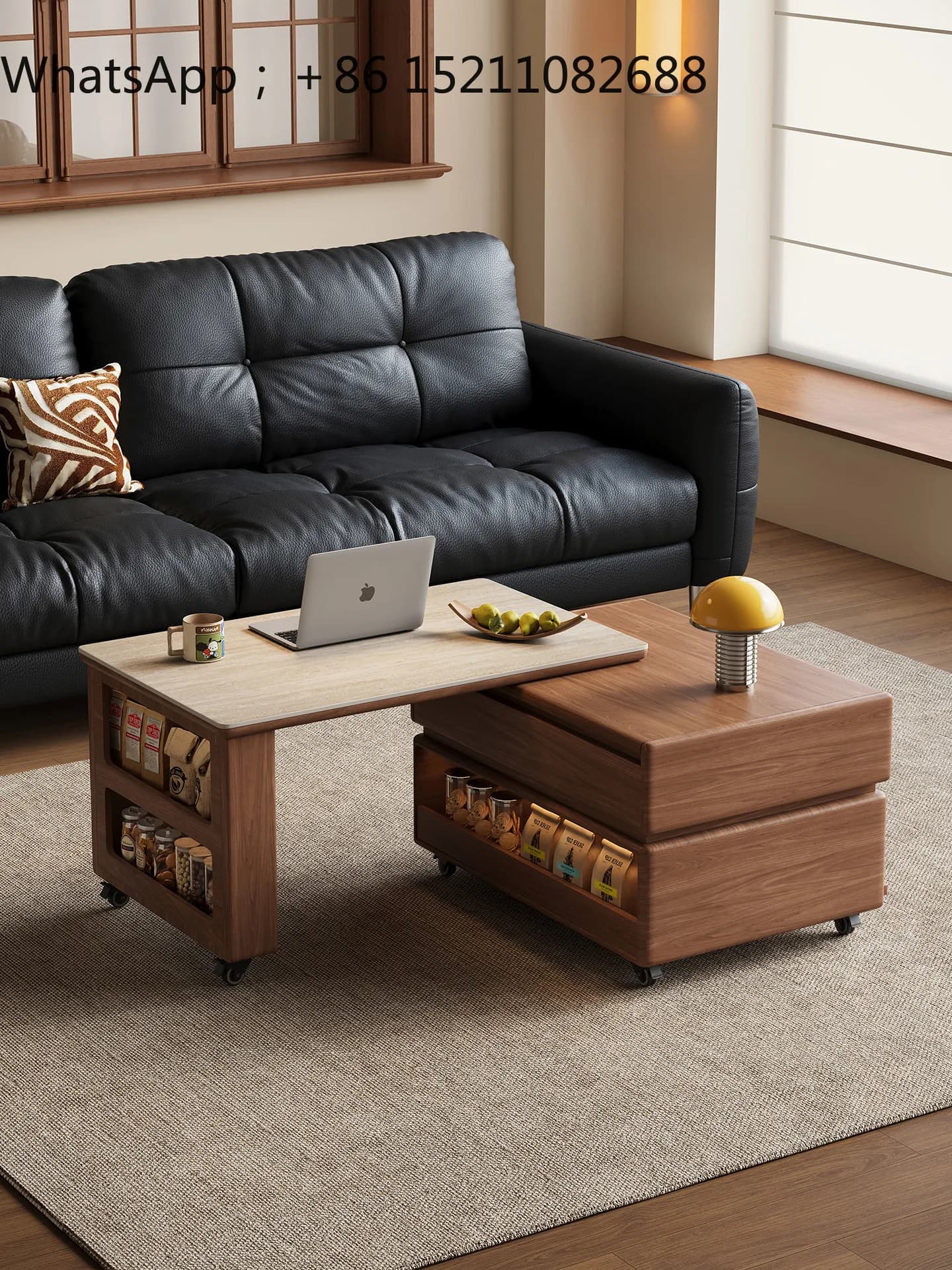 SCYMobile Adjustable Lift Coffee Table for Small Living Room Vintage Style Solid Wood Sintered Stone with Swivel Sofa Side Table