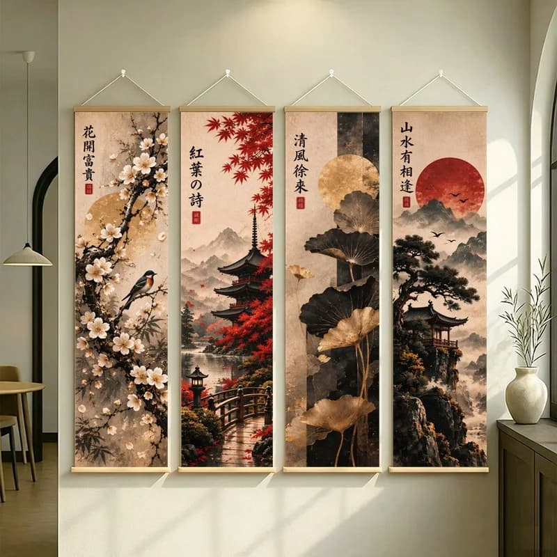 Japanese Ink Landscape Wall Art with Blossoms, Maple Leaves and Pagoda on Silver Shimmer Canvas for an Elegant Tea Room