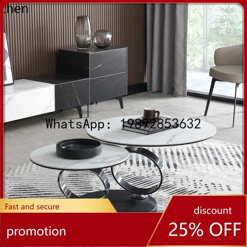 YFY  Style Natural Stone Rotating Coffee Table Small Apartment Metal Modern Living Room Home Telescopic Round Tea Table