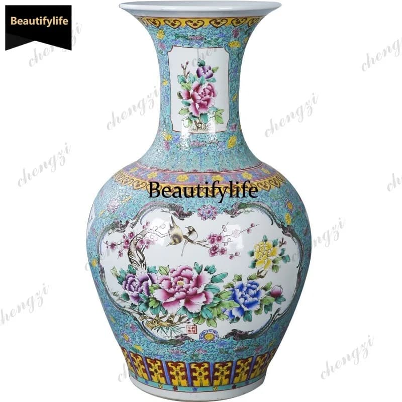 D80 Jingdezhen ceramics hand-painted pastel floor-to-ceiling large vase ornament bottle appreciation home living room feng shui