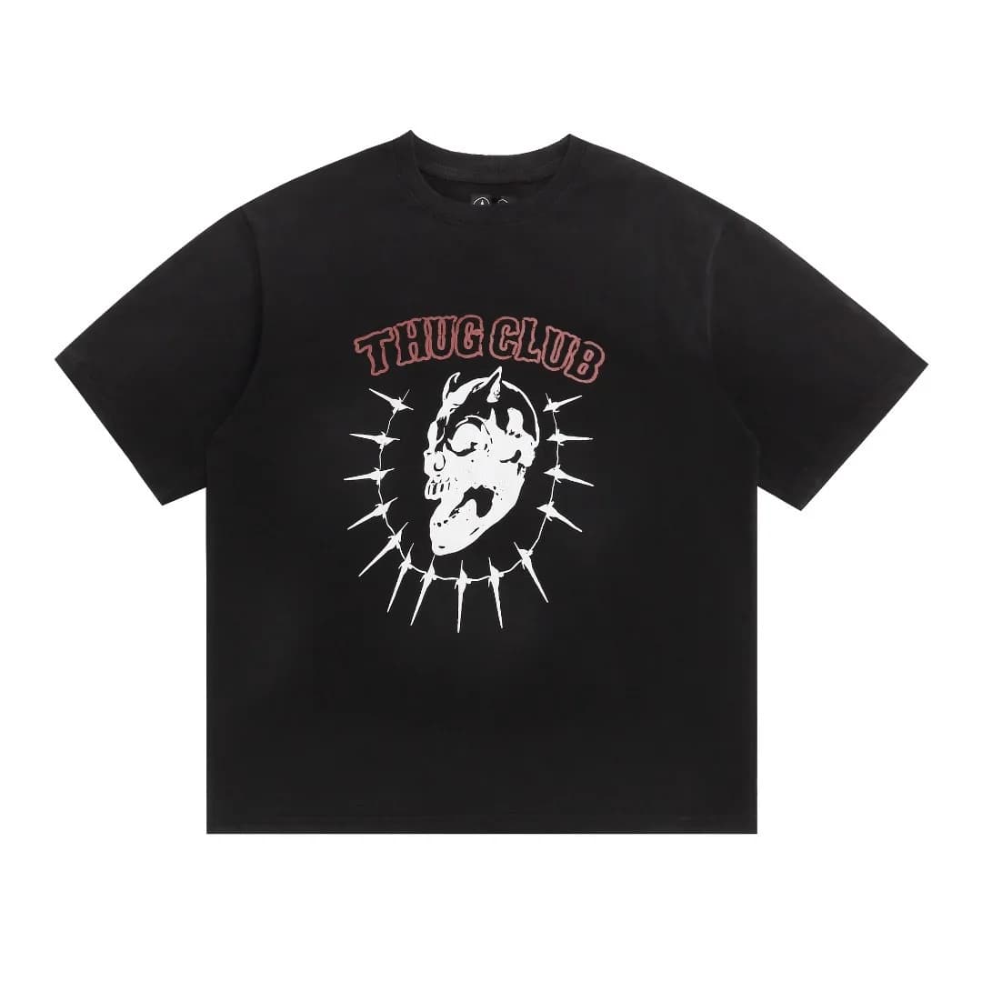 Thug Club Dark Gray Skull Print Vintage Distressed Loose Short-Sleeved T-Shirt Trendy