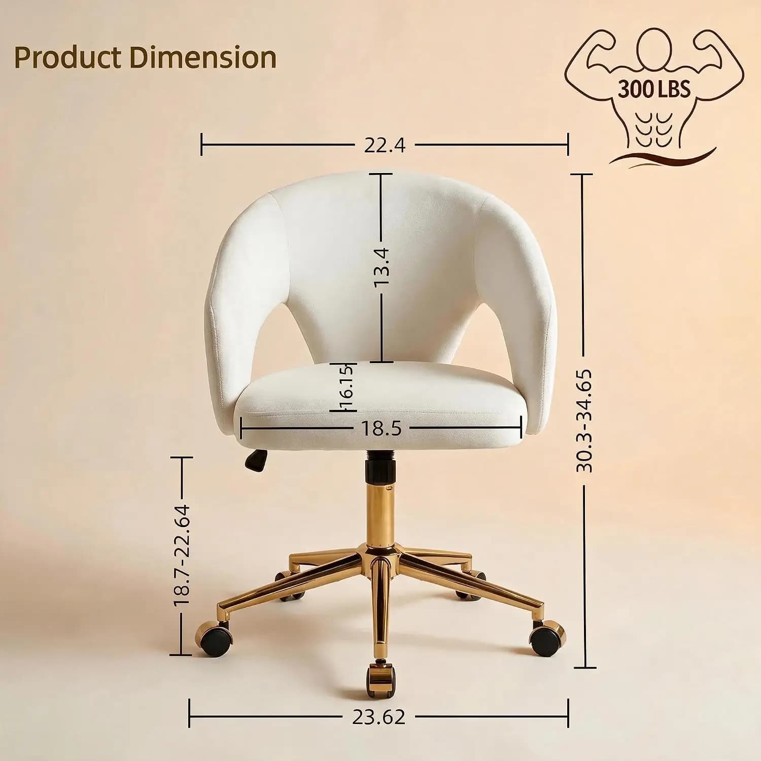 Velvet Vanity Chair with Wheels Gold Base for Home Office Desk,Cream
