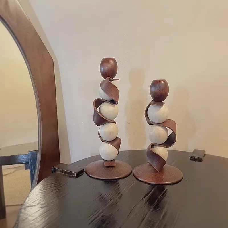 Wabi-Sabi Wood & Leather Candle Holder Vintage Centerpiece for Homestay Artistic Cafe Decorative Ornaments Retro Tabletop Decor