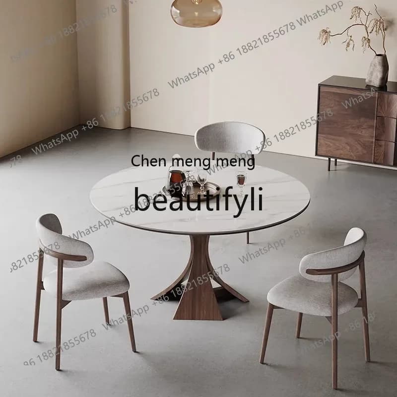 32A French Retro Solid Wood Round Dining Table and Chair Set for Home Use, High-End Rock Slab Dining Table