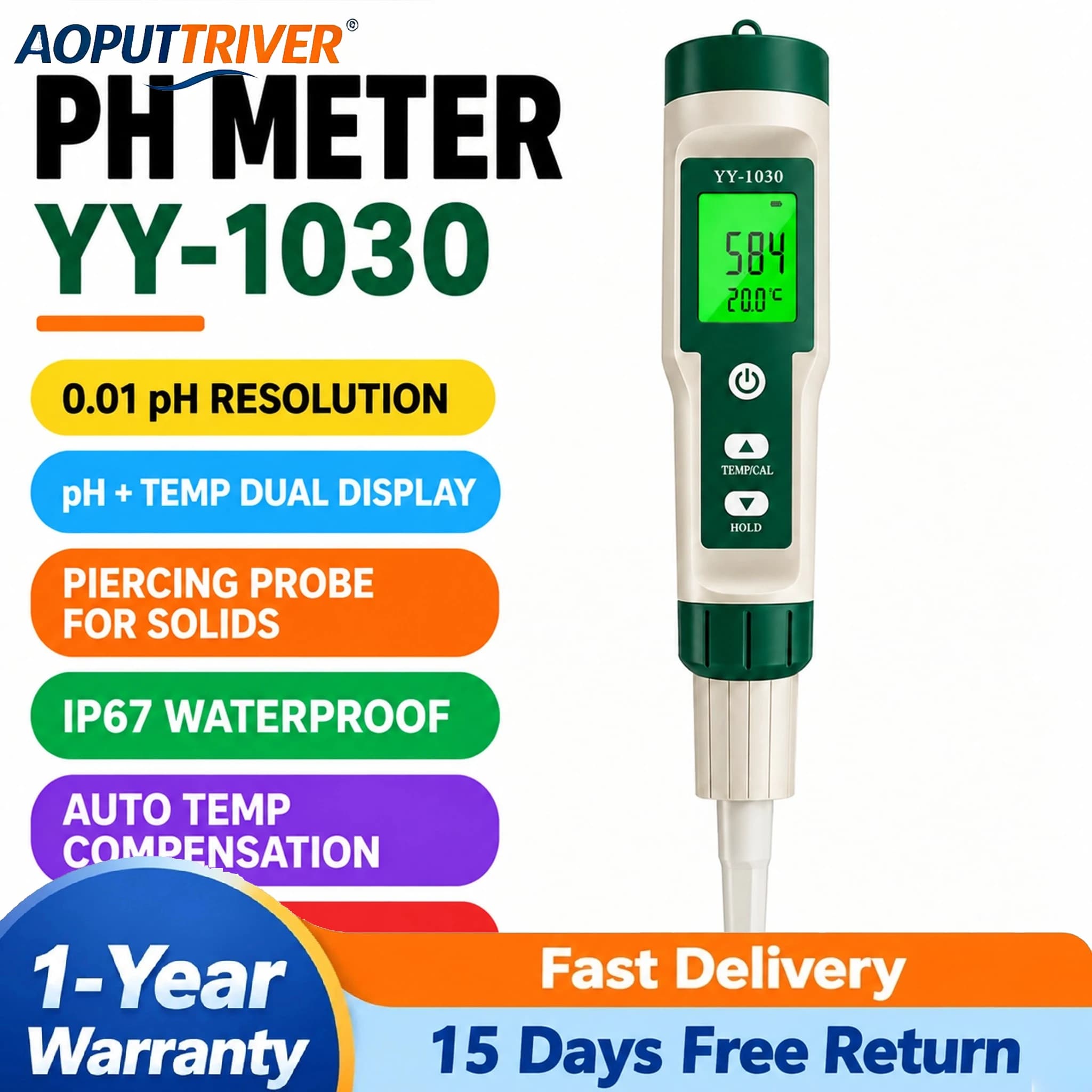 YY-1030 Digital PH Pen Tester Puncture Electrode for Meat Soil Fruit & Flat Electrode for Skin Paper Leather, 0.00-14.00 PH
