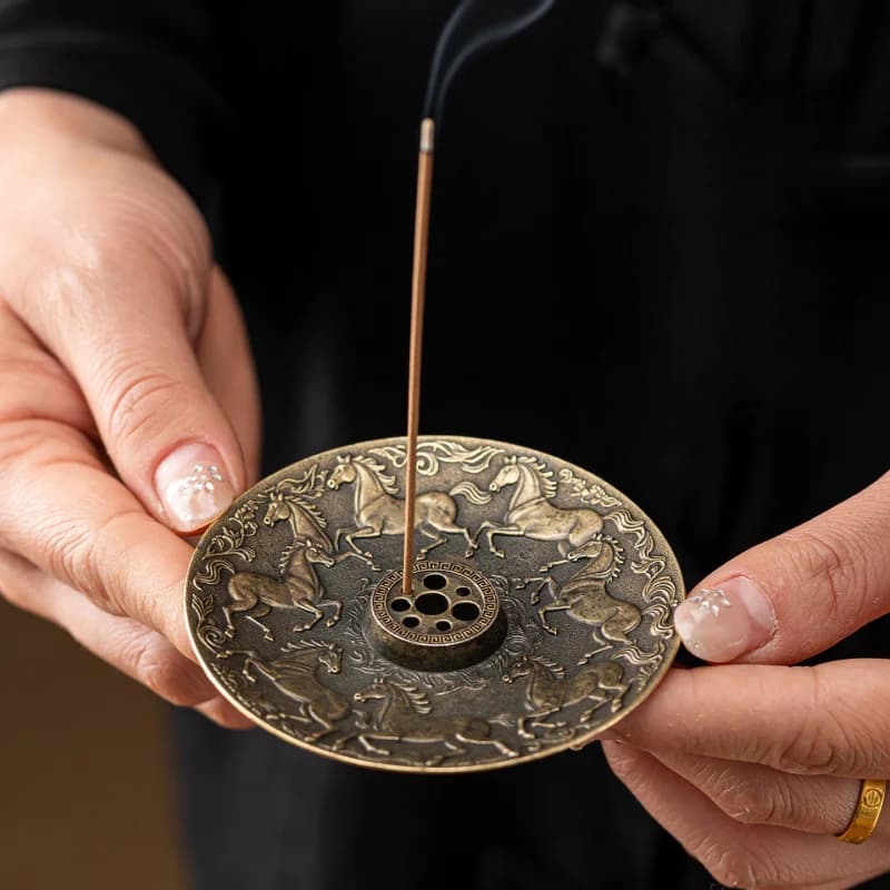 Vintage Alloy Eight Horses Incense Holder Tray, Antique Finish Line Incense Burner for Stick Incense for Meditation Yoga