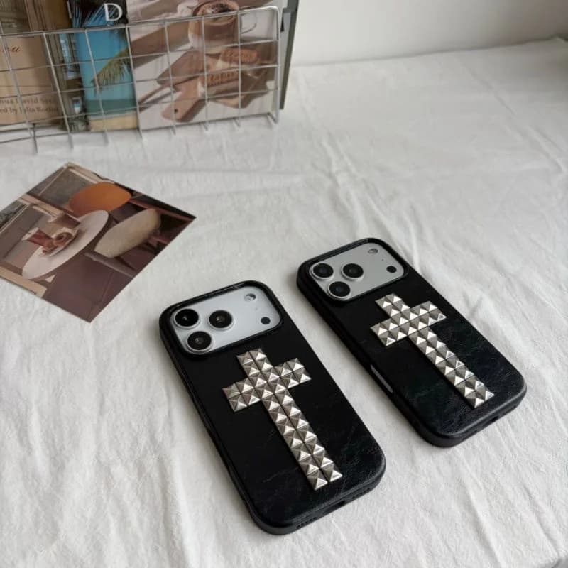 New Luxury Black Cross Stud Phone Case For iPhone 17 16 15 Pro Max Glossy Shockproof Cover Street Fashion Gift New