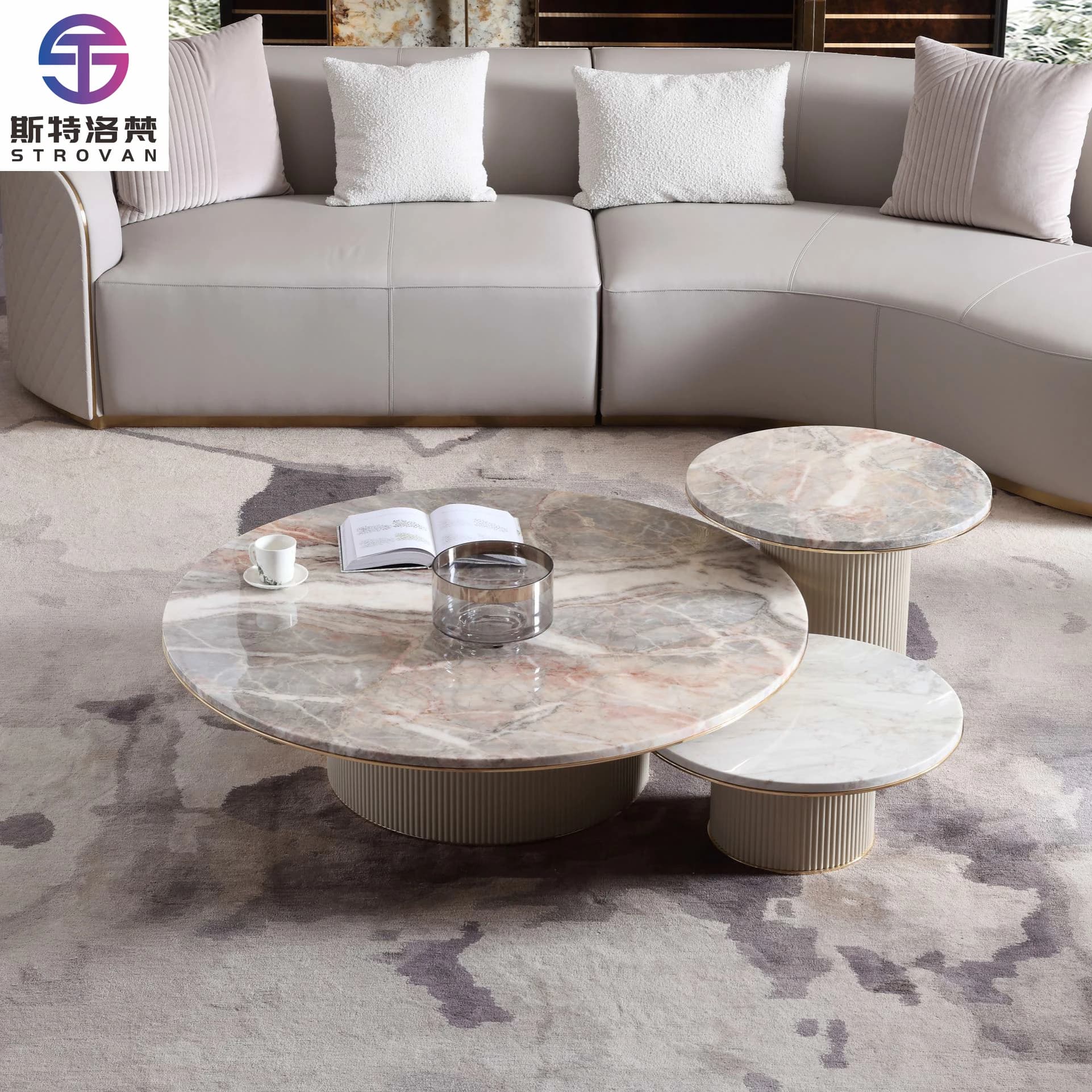 Luxury Marble Veneer Coffee Table Combination Gray Painted Table Legs High End Round Coffee Table