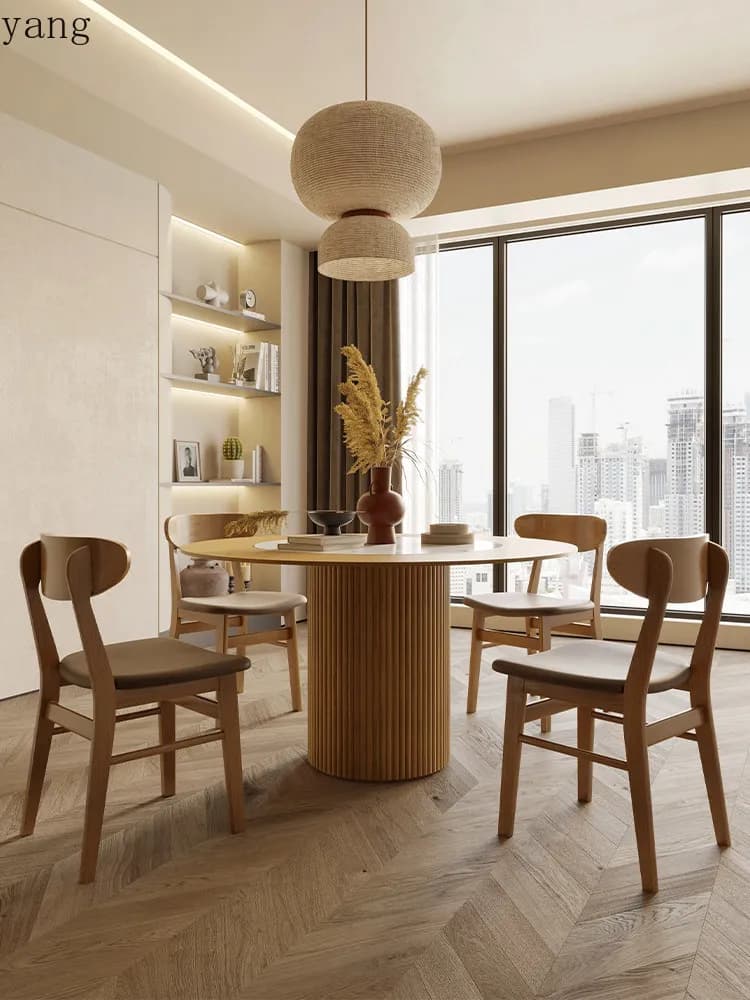 LMM solid wood rock slab dining table wabi sand wind small apartment round dining table with turntable