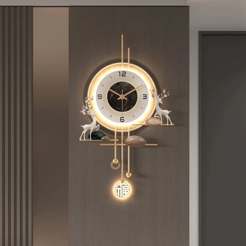 Minimalist Metal LED Wall Clock TV Background Deer Clock Wooden Grille Decoration With Lights Watch Mute Quartz Clock Home Decor