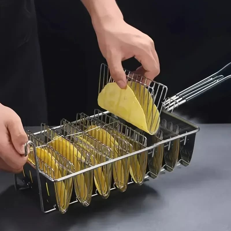 8 Grids Mexican Tucker Frying Taco Basket with Non Slip Dip Plastic Handle Fried Rack Perfect for Home Party Food Serving