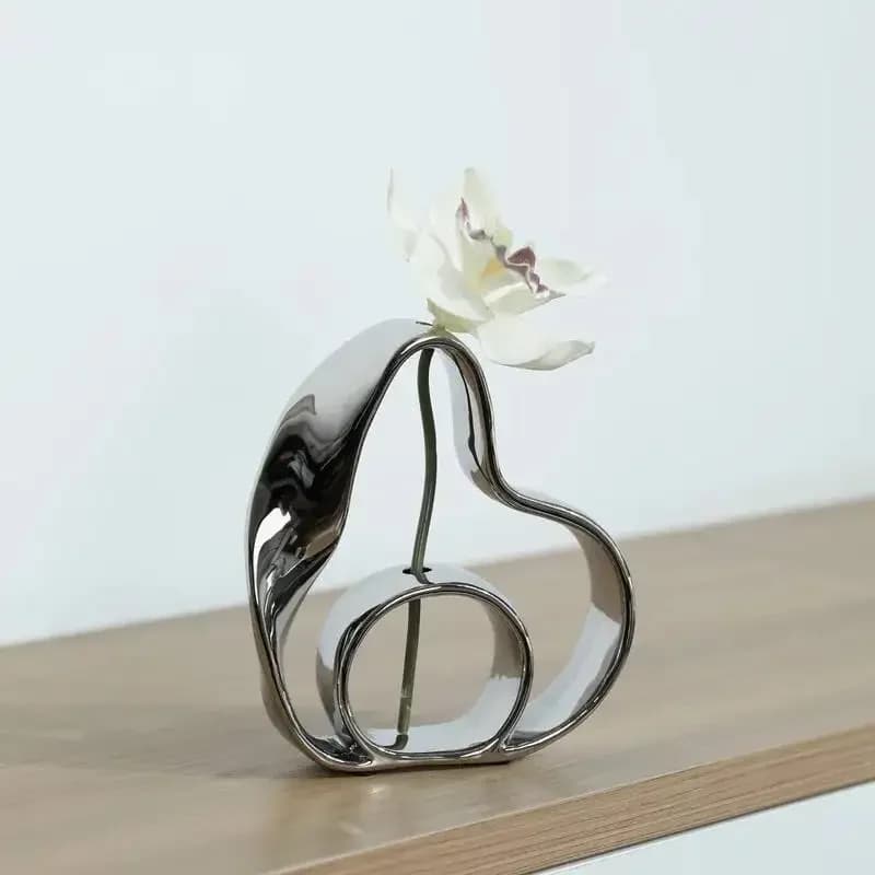 Creative Ceramic Silver Vase Hollowed-out Flower Arrangement Ornaments Pleated Line Ribbon Handicrafts Geometric Solid